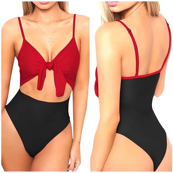 QEARAL Red Tie Front Bikini Top Black High-Waist Thong One Piece Swim | Small - Picture 1 of 7